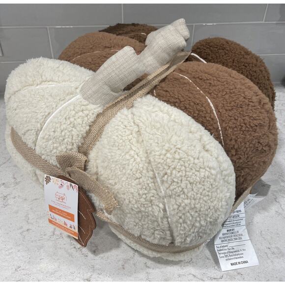 Set 3 Rachel Ashwell Pumpkin Plush Pillow Farmhouse Halloween Autumn Brown Cream